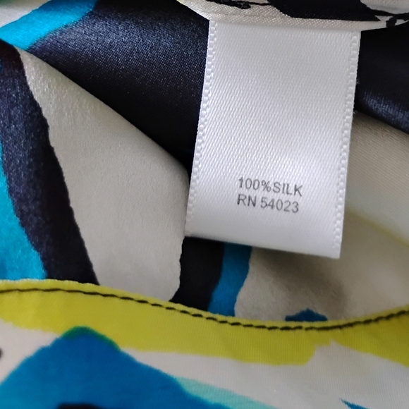 Banana Republic Silk Dress Abstract Floral Navy Blue Yellow Shift Tropical Sz M - Picture 15 of 15